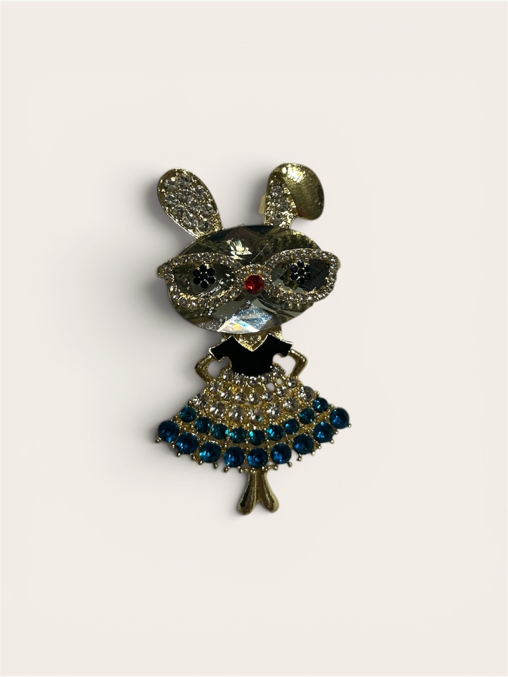 Crystal Bunny Brooch with Blue and Clear Rhinestones